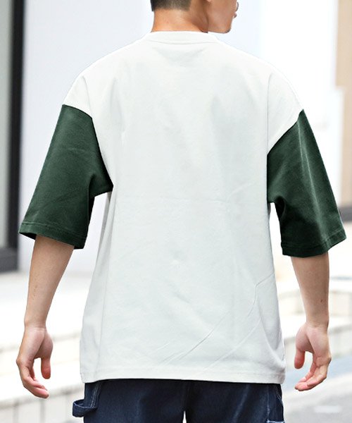 LUXSTYLE(ラグスタイル)/米綿ヘビー天竺袖配色ビッグ半袖Tシャツ/Tシャツ メンズ 半袖 5分袖 ビッグシルエット バイカラー ポケット/img01