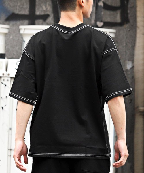 LUXSTYLE(ラグスタイル)/ヘビーウェイト配色ステッチ半袖ビッグTシャツ/Tシャツ メンズ 半袖 ビッグシルエット 胸ポケット ステッチ/img01