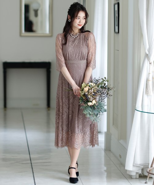 セール】結婚式パーティードレス七分袖とロングケミカルレース大きい 