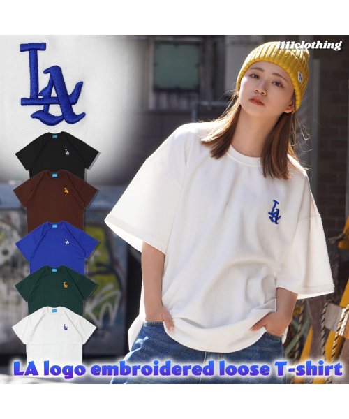 1111clothing(ワンフォークロージング)/オーバーサイズ tシャツ メンズ ビッグtシャツ レディース ビッグシルエット トップス 半袖 カットソー クルーネック ビッグt  LA ロゴ 刺繍 ワンポイ/img01