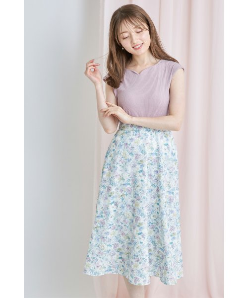 tocco closet(トッコクローゼット)/ウエストりぼん付きハートネックリブカットソー×フラワープリントドッキングワンピース/img03