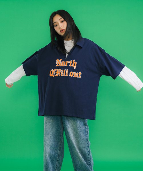 Rocky Monroe(ロッキーモンロー)/カレッジT ハーフジップTシャツ メンズ レディース 半袖 襟 サテン刺繍 オーバーサイズ ビッグシルエット ワイド 綿 コットン カジュアル アメカジ 韓国 /img28