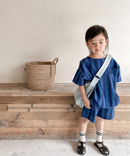 aimoha(aimoha（アイモハ）)/aimoha－KIDS－ 韓国子供服　ストライプ柄半袖トップスハーフパンツセットアップ/img01