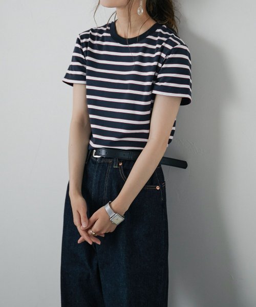 Fashion Letter(ファッションレター)/マルチボーダー Tシャツ レディース 半袖 五分袖 シャツ ボーダーT トップス ボーダー ティーシャツ レイヤード ゆったり Uネック ラウンドネック カット/img17