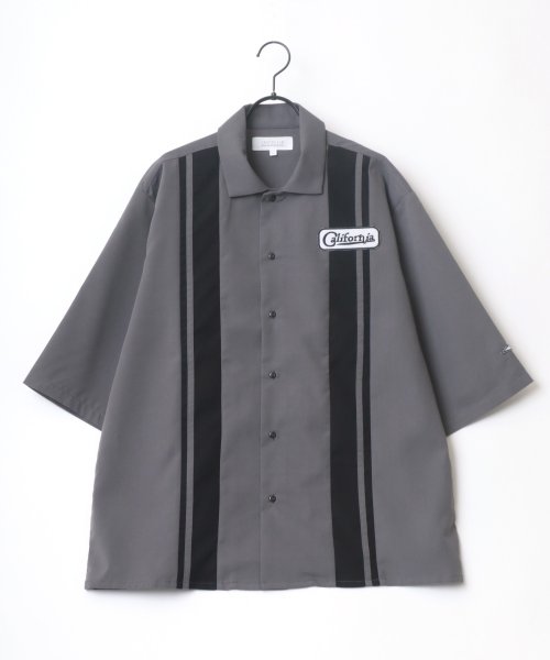 LAZAR(ラザル)/【Lazar】ビッグシルエット ワッペン 刺繍 バイカラー ストライプ ワークシャツ 半袖 メンズ シャツ/img02
