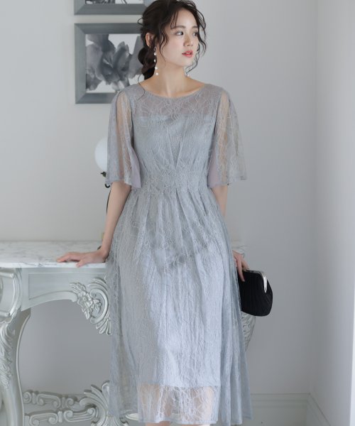 シフォン切替スリーブAラインワンピース 結婚式 パーティードレス 結婚式 二次会 食事会 セレモニー 発表会