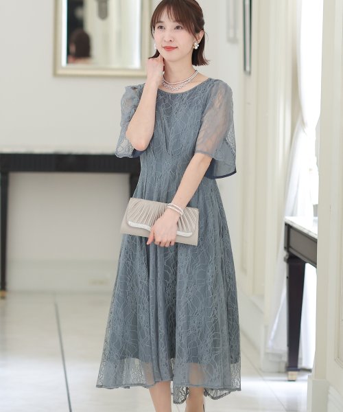 シフォン切替スリーブAラインワンピース 結婚式 パーティードレス 結婚式 二次会 食事会 セレモニー 発表会