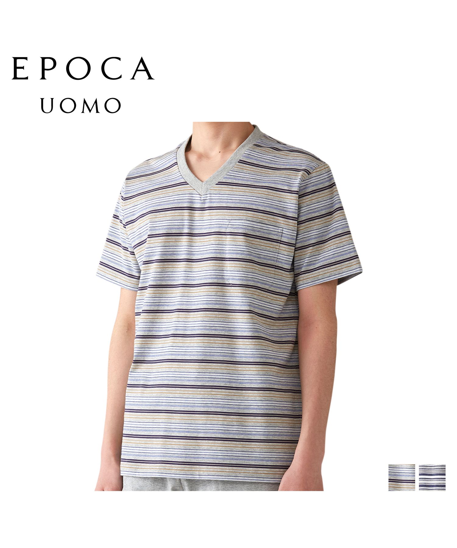 エポカ ウォモ EPOCA UOMO Tシャツ 半袖 カットソー メンズ Vネック ボーダー グレー ネイビー 0385－37