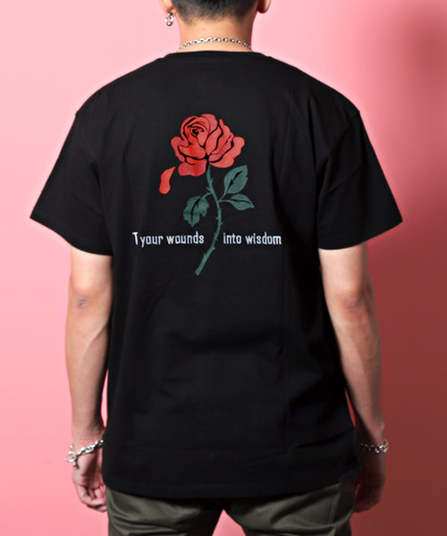 バラ刺繍バックプリントTシャツ/Tシャツ メンズ 半袖 薔薇 ロゴ 刺繍 バックプリント