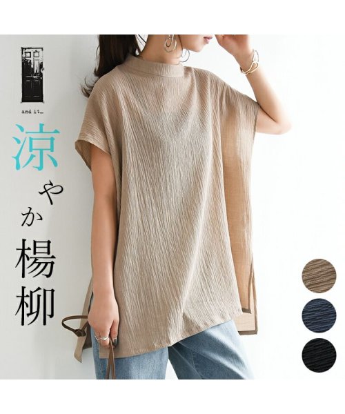 セール アンドイット And It 楊柳ハイネックプルオーバー レディース プルオーバー ブラウス 半袖 春夏 夏服 涼感 涼しい 透け感 楊柳 しわ感 抜け感 おしゃれ カジュアル かわいい ゆ Magaseek