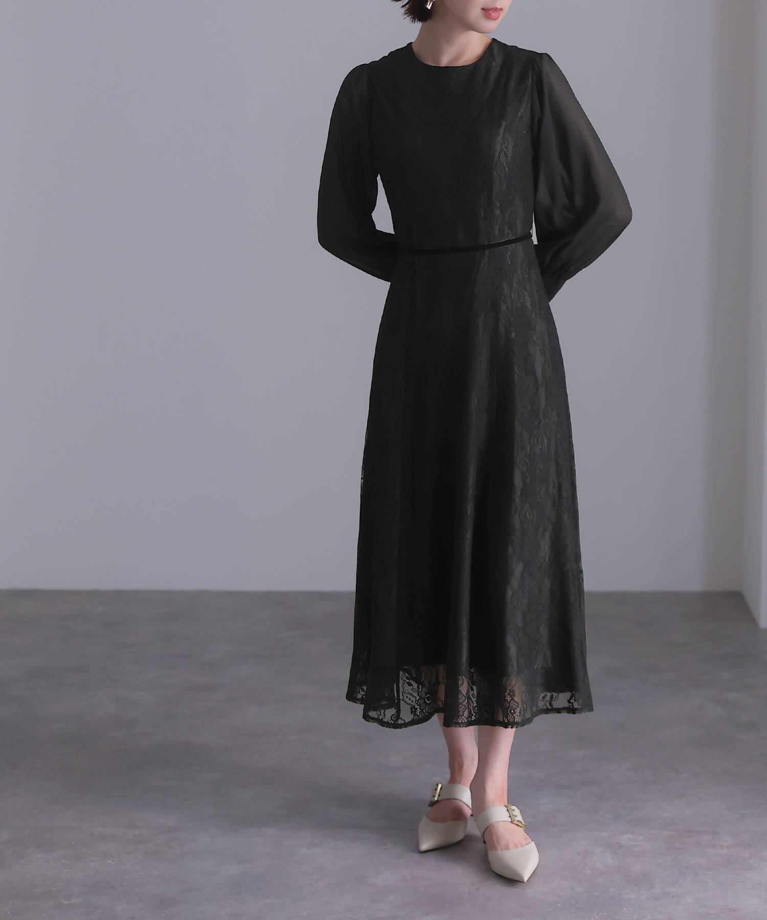 レース×シフォンベロアリボンワンピース