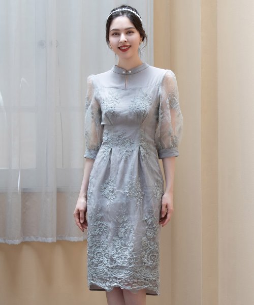 DRESS+(ドレス プラス)/ドレス 結婚式 披露宴 タイト Iライン 膝丈 レース 袖付き パーティードレス/img11