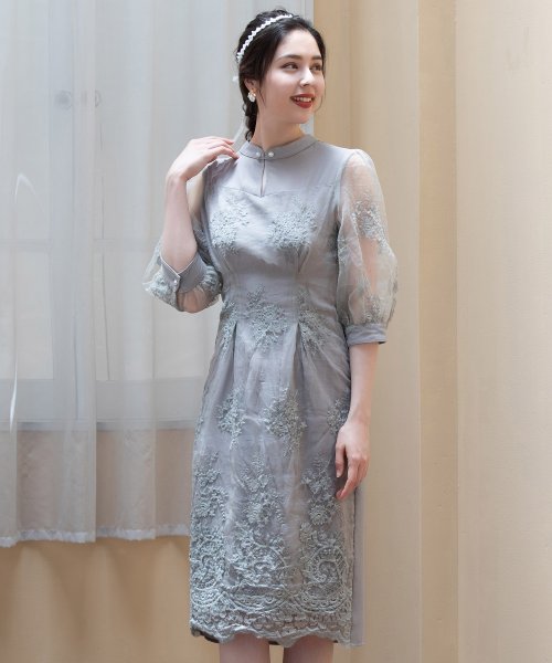 DRESS+(ドレス プラス)/ドレス 結婚式 披露宴 タイト Iライン 膝丈 レース 袖付き パーティードレス/img12