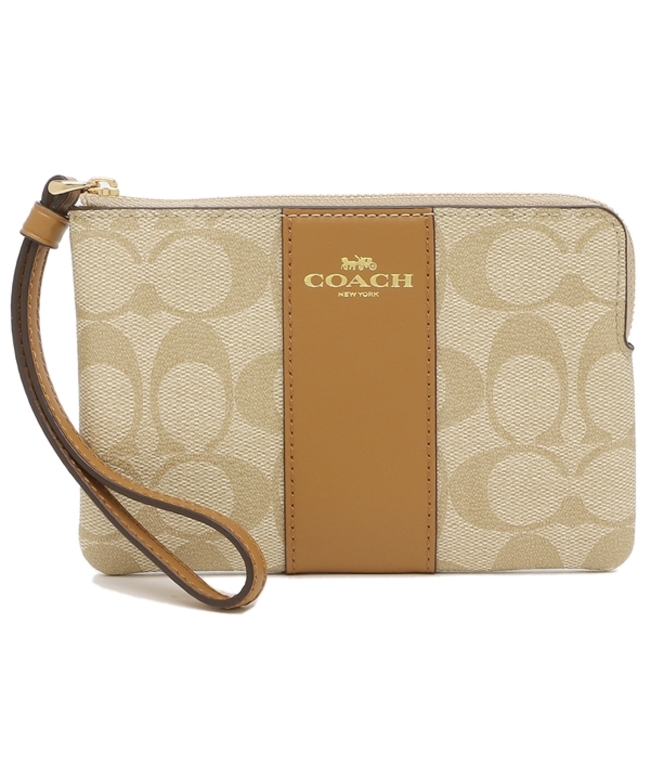 COACH コーチダブルジップリストレットシグネチャーベージュグリーンポーチ財布