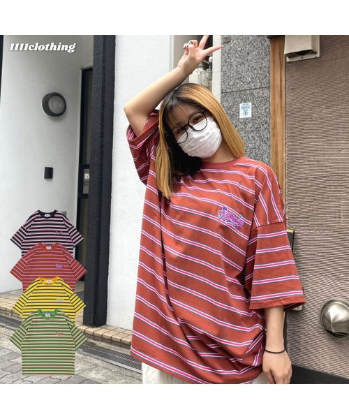 セール オーバーサイズ Tシャツ メンズ ボーダーtシャツ レディース ビッグtシャツ 綿100 ビッグシルエット ボーダー 半袖 ビッグt ワンポイント 刺繍 緑 ワンフォークロージング 1111clothing Magaseek