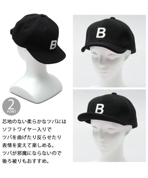 Besiquenti(ベーシックエンチ)/アルファベットワッペン ウール ショートキャップ ロゴ ショートバイザー アンパイアキャップ ボールキャップ ワンポイント 帽子 カジュアル シンプル/img03