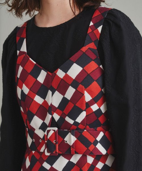 ベルト付チェックプリントワンピース 