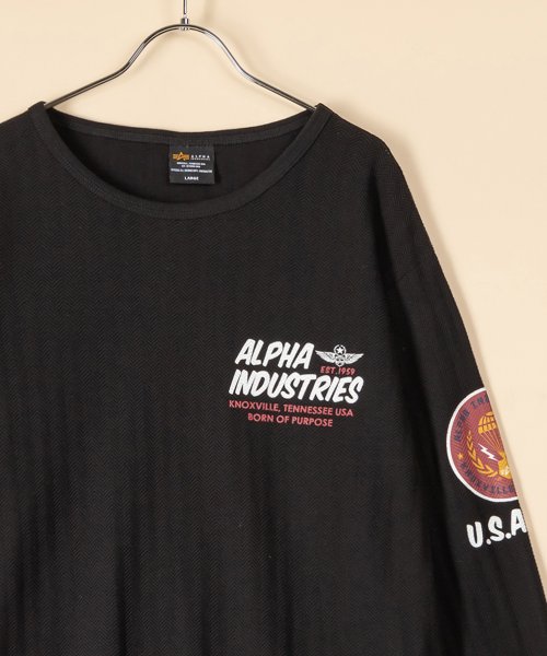 ALPHA INDUSTRIES(アルファインダストリーズ)/【ALPHA/アルファ】  フロント＆バック エアフォース　ロゴプリント  ヘリンボーン長袖Tシャツ/ロンT/アメカジ/ミリタリー/袖プリント/定番/4色展開/img05