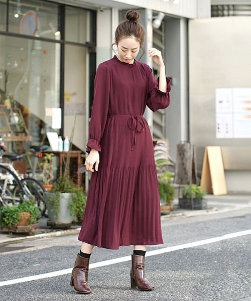 フリルネック スリーブ プリーツワンピース 無地 アパートメントデパートメント Apartmentdepartment Magaseek