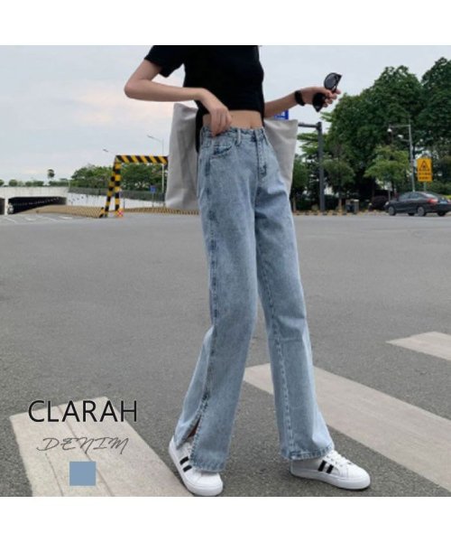 レディース デニムパンツ 裾スリット ゆったり ハイウエスト ジーパン ジーンズ ボトムス トレンド 大きめサイズ 韓国レディース クララキッズ Clarah Kids Magaseek