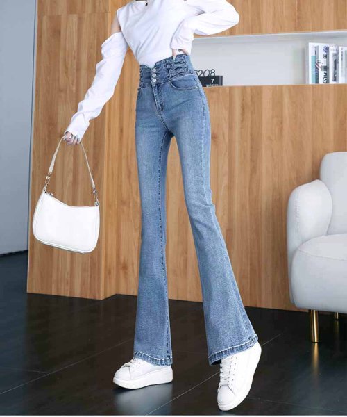 セール フレアデニムパンツ 3連ボタン ハイウエスト デニム フレアパンツ レディース ロングパンツ ジーンズ 韓国風 ショッピングゴー Shoppinggo Magaseek