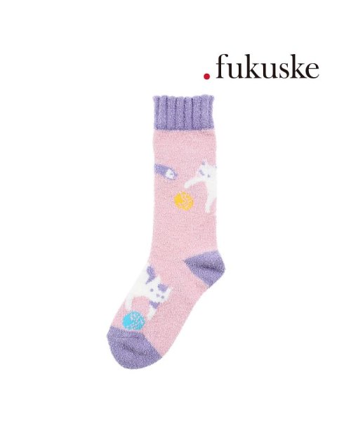 fukuske(フクスケ)/福助 公式 靴下 レディース . fukuske ネコ モコモコ ルームソックス クルー丈 2230－602<br>23－25cmサイズ ピンク 婦人 女性 フ/img01