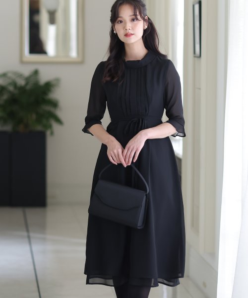 フロントタックウエストリボンブラックワンピース 