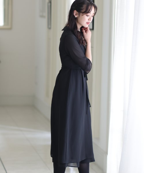 フロントタックウエストリボンブラックワンピース 