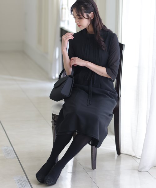 フロントタックウエストリボンブラックワンピース 