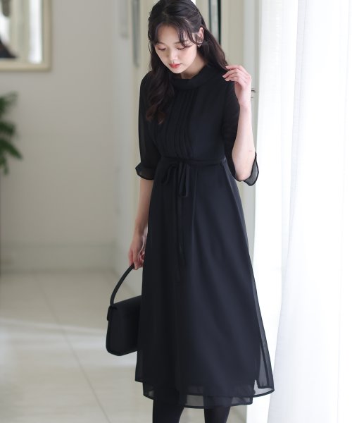 フロントタックウエストリボンブラックワンピース 