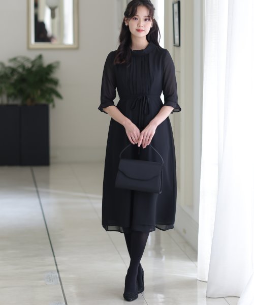 フロントタックウエストリボンブラックワンピース 