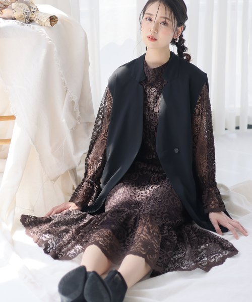 ジレ付きレースワンピース 