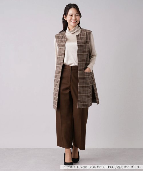 チェック柄キーネックロングベスト 