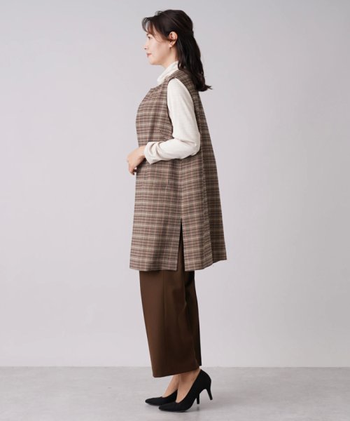 チェック柄キーネックロングベスト 