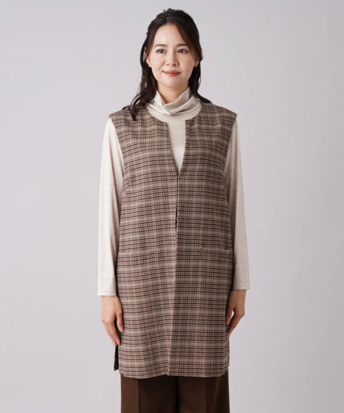 チェック柄キーネックロングベスト 