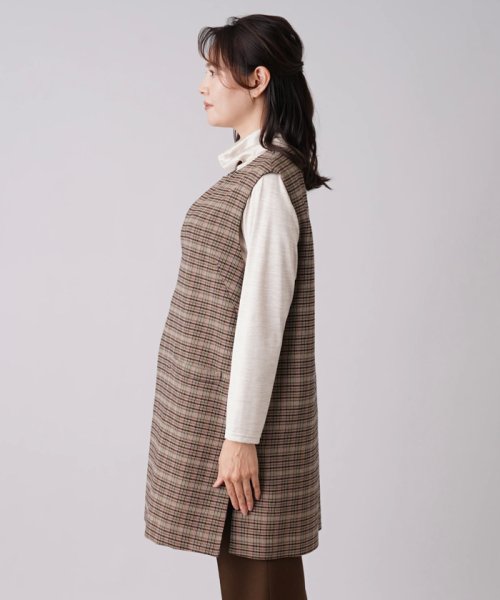 チェック柄キーネックロングベスト 