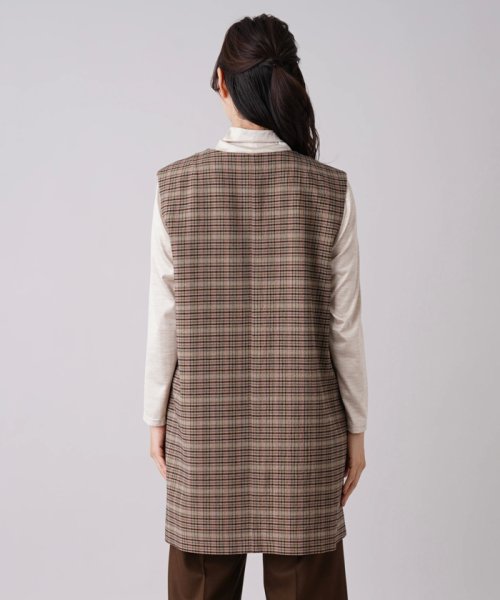 チェック柄キーネックロングベスト 