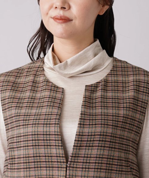 チェック柄キーネックロングベスト 
