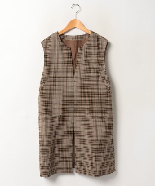 チェック柄キーネックロングベスト 