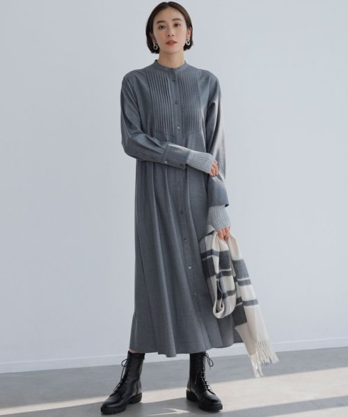 CLASSY.コラボ/洗える】ウールストレッチツイル ピンタック ワンピース  