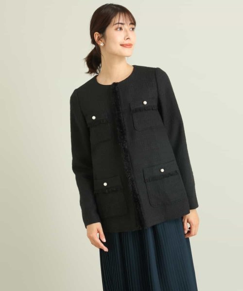 パール調ボタンツイードミドルジャケット 