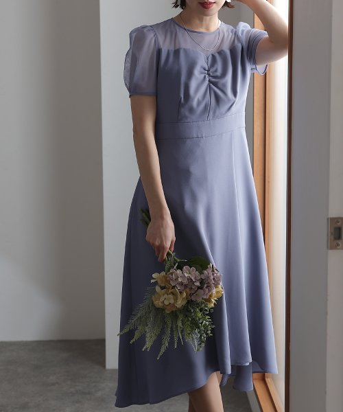 ロング&袖ありフォーマルフロントギャザー大きいサイズ結婚式パーティードレス ワンピース 