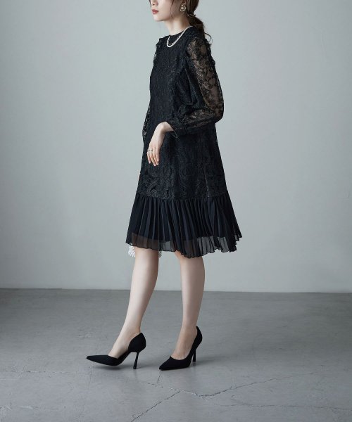 etoll. エトル レース×プリーツドレス ワンピ ワンピース ドレス オケージョン 長袖 レース 刺繍 プリーツ バンドカラー ミニ 膝丈 Aライン 結婚式 5cm エトル