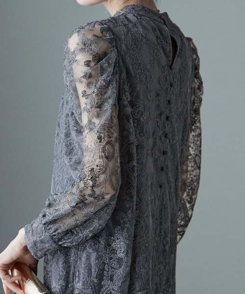 etoll. エトル レース×プリーツドレス ワンピ ワンピース ドレス オケージョン 長袖 レース 刺繍 プリーツ バンドカラー ミニ 膝丈 Aライン 結婚式 5cm エトル