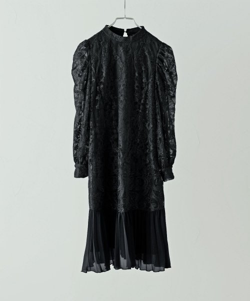 etoll. エトル レース×プリーツドレス ワンピ ワンピース ドレス オケージョン 長袖 レース 刺繍 プリーツ バンドカラー ミニ 膝丈 Aライン 結婚式 5cm エトル