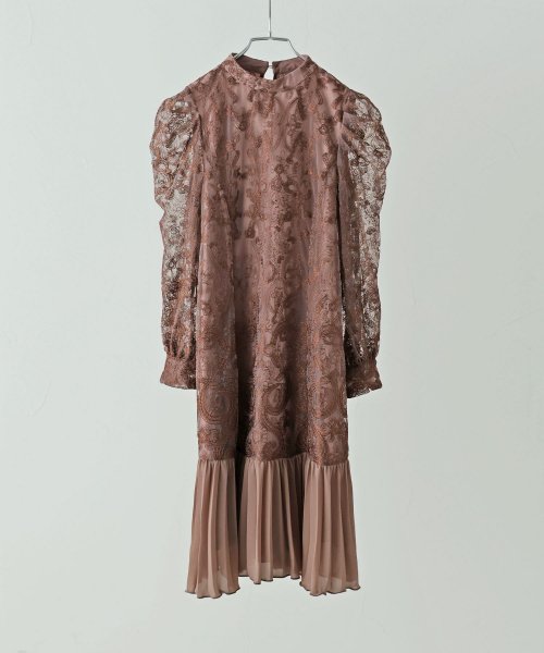 etoll. エトル レース×プリーツドレス ワンピ ワンピース ドレス オケージョン 長袖 レース 刺繍 プリーツ バンドカラー ミニ 膝丈 Aライン 結婚式 5cm エトル