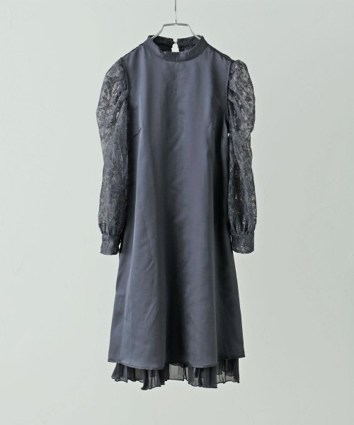 etoll. エトル レース×プリーツドレス ワンピ ワンピース ドレス オケージョン 長袖 レース 刺繍 プリーツ バンドカラー ミニ 膝丈 Aライン 結婚式 5cm エトル