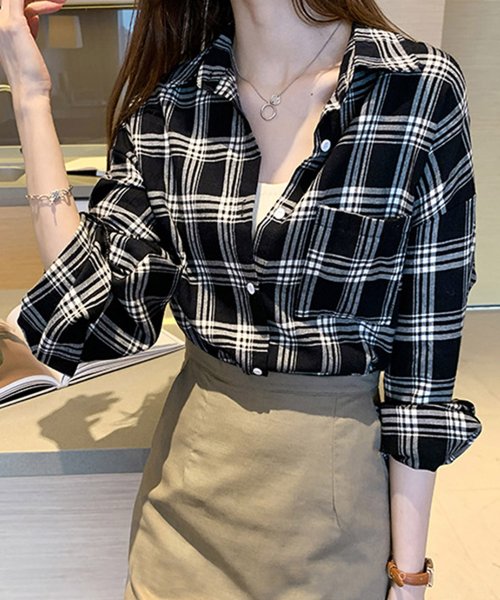 Amulet(アミュレット)/チェック柄オーバーサイズシャツ レディース トップス 長袖 秋服 冬服 10代 20代 30代 韓国ファッション 韓国 大きいサイズ カジュアル 定番 着回し/img15