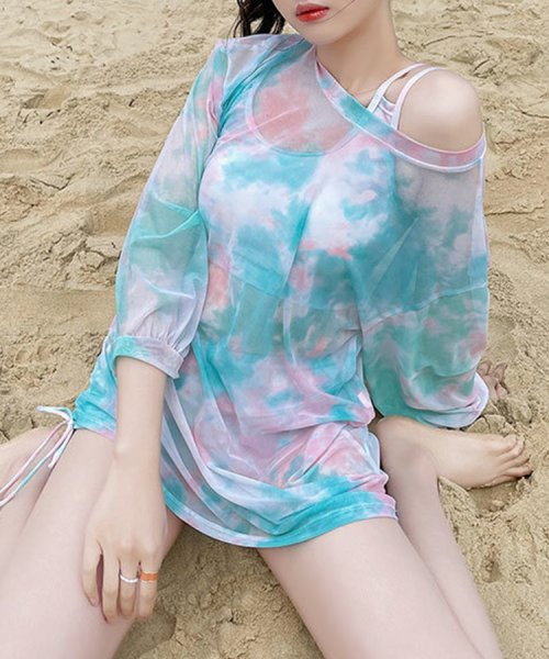 SEU(エスイイユウ)/日焼け対策 絞り染め長袖シアートップススイムウエア　韓国ファッション 美尻 パット付き バックシャン/img02