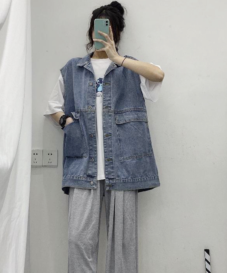 オーバーサイズデニムベスト ゆったり 体型カバー ビッグシルエット Y2Kファッション トレンド 韓国ファッション 春 秋